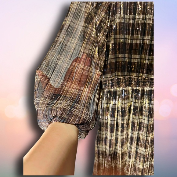 Knox Rose Plaid Metallic Shimmer Peasant Midi Dress Brown Gold Size M Pockets - Picture 5 of 7